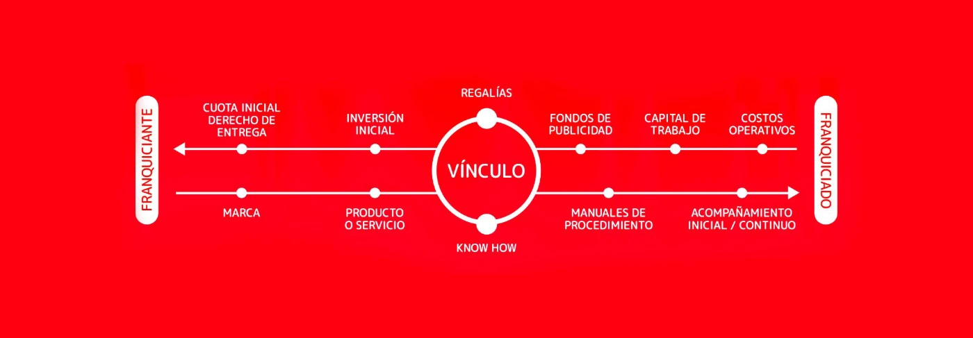 Diagrama del vínculo entre franquiciante y franquiciado: el franquiciante aporta marca, producto o servicio, know how, manuales de procedimiento y acompañamiento; el franquiciado aporta cuota inicial, inversión inicial, regalías, fondos de publicidad, capital de trabajo y costos operativos.